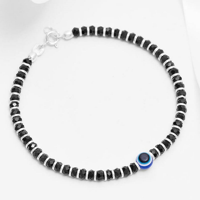 Zavya Black Beads with Evil Eye 925 Silver Bold Bracelet in Silver