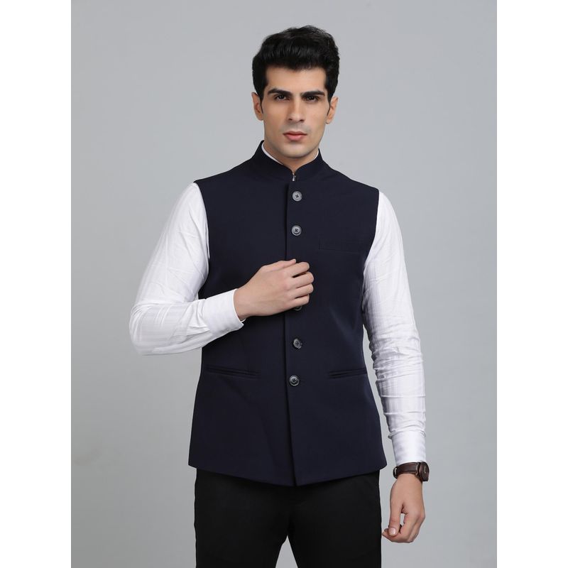 Greenfibre Navy Blue Terry Wool Bandhgala Jacket (44)