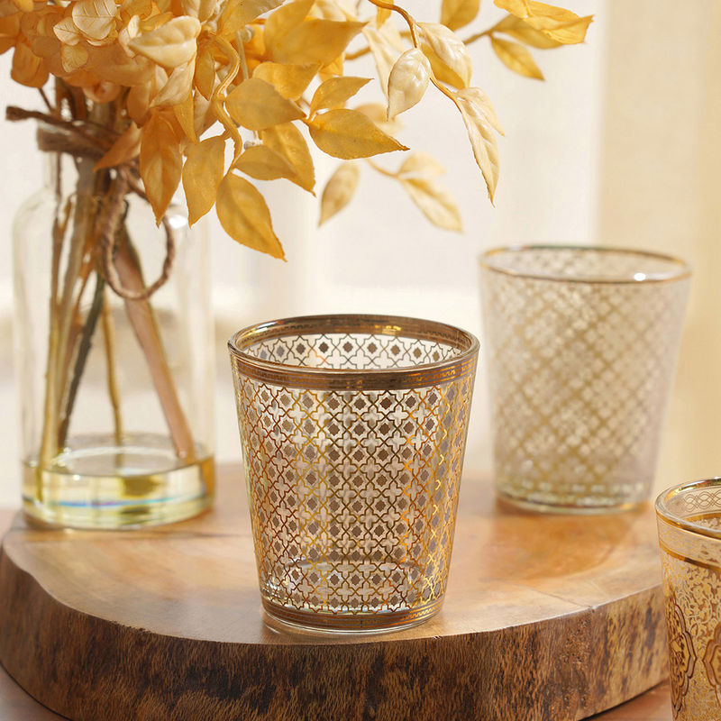 Pure Home + Living Golden Glass Tumbler with Grey Ring (Set of 4) Buy