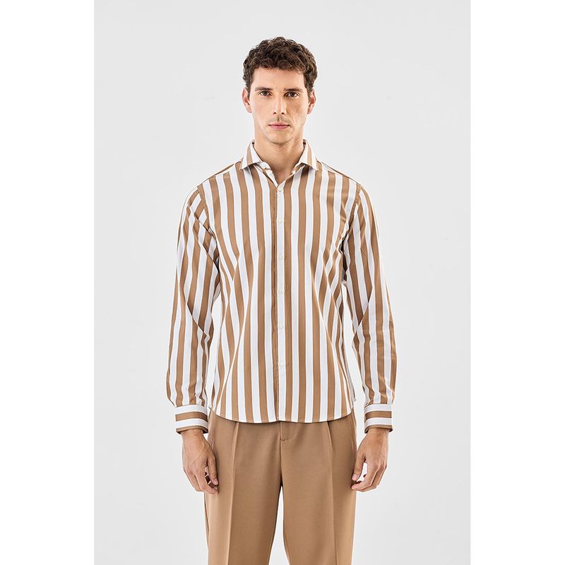 Snitch Brown Stripes Full Sleeves Slim Formal Shirt (XS)