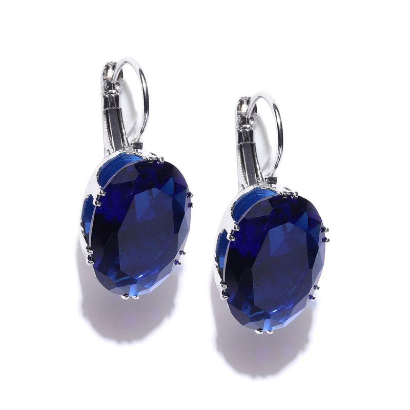 OOMPH Jewellery Silver Plated Large Oval Deep Blue Cubic Zirconia Drop Fashion Earrings