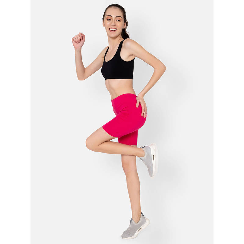 Clovia Pink Cotton Spandex Medium Waist Outer Cycling Shorts (M)