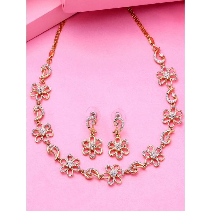 Estele Gold-Polished Boomerang Designer Necklace Set with White Austrian Crystals for Women