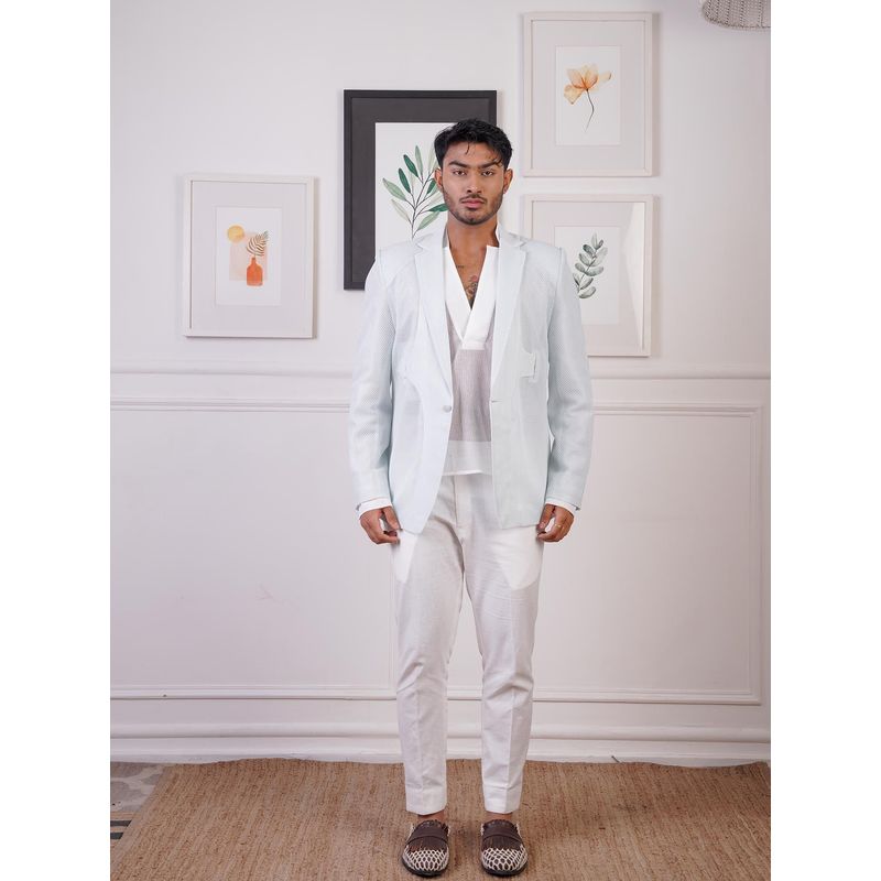 Ankur J Blue Crochet Placket Cut Blazer with Shirts and Pant (Set of 3) (XS)