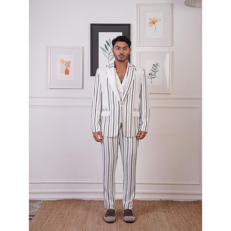 Ankur J White Layers Strip Blazer with Shirt and Pant (Set of 3) (XS)