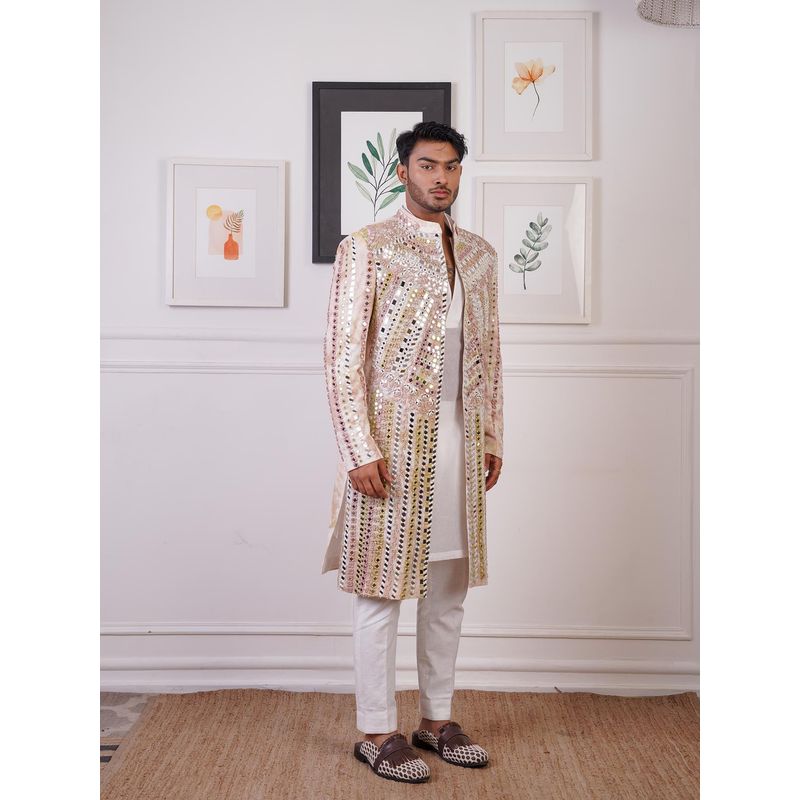 Ankur J Beige Ease Mirror Indo Open Style Jacket with Kurta and Pant (Set of 3) (XS)