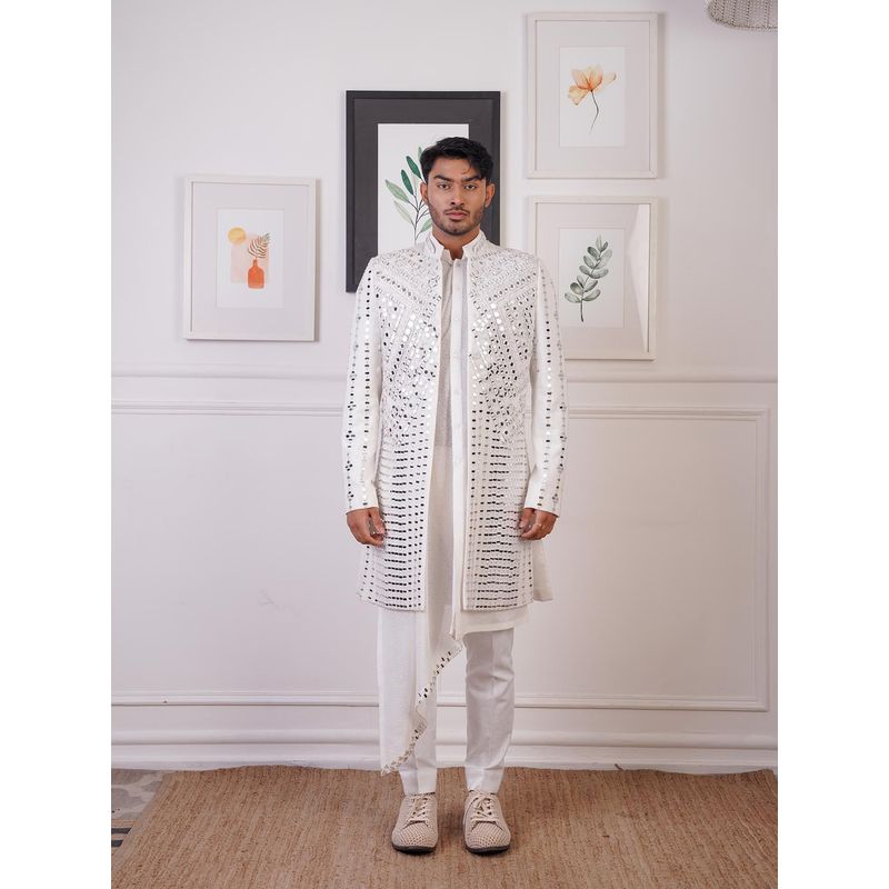 Ankur J Ivory Open Mirror Indo Jacket with Drape Kurta and Pant (Set of 3) (XS)