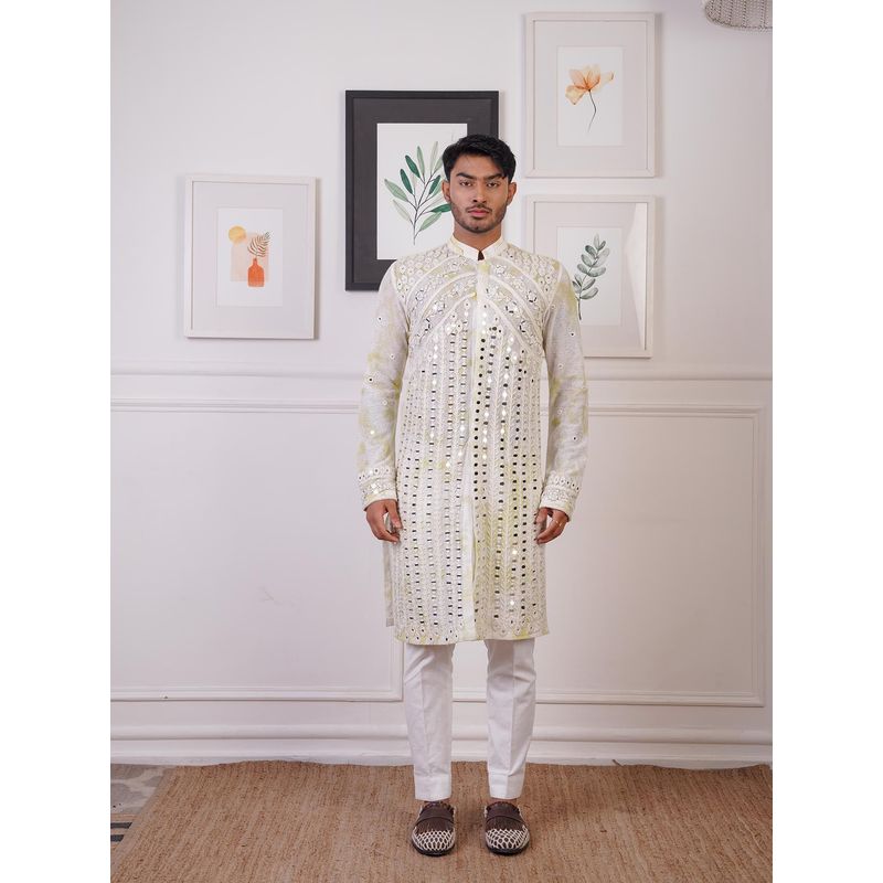 Ankur J Ivory Tye and Dye Open Mirror Work Kurta with Pant (Set of 2) (XS)