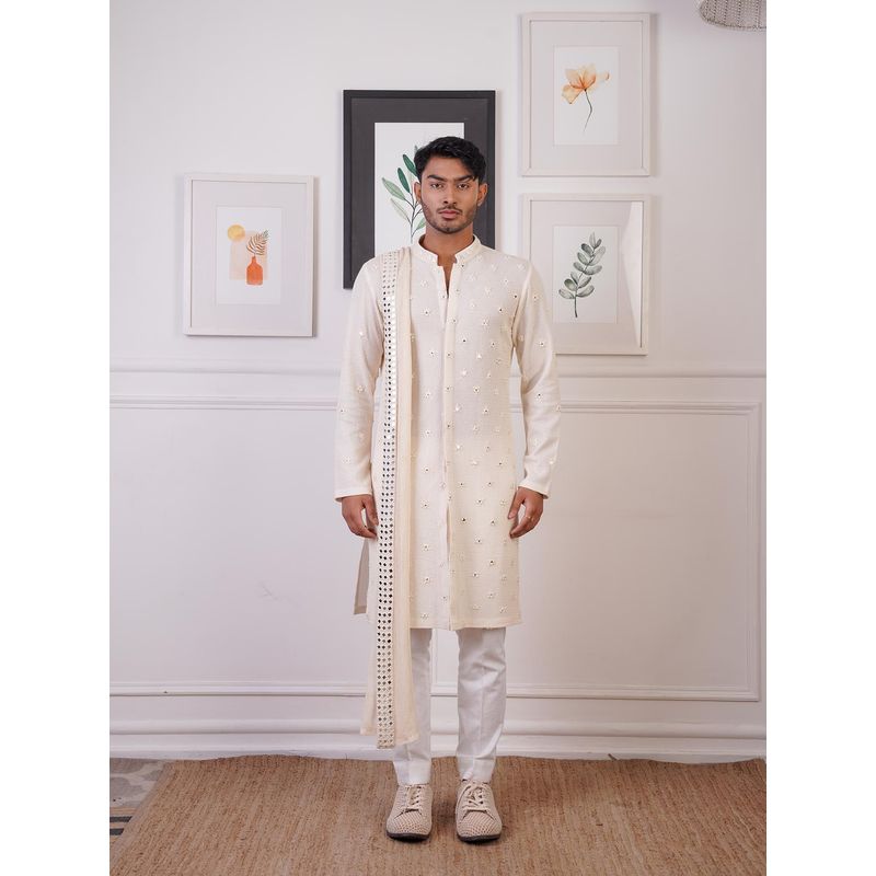 Ankur J Ivory Crochet Mirror Work Kurta with Pant and Dupatta (Set of 3) (XS)