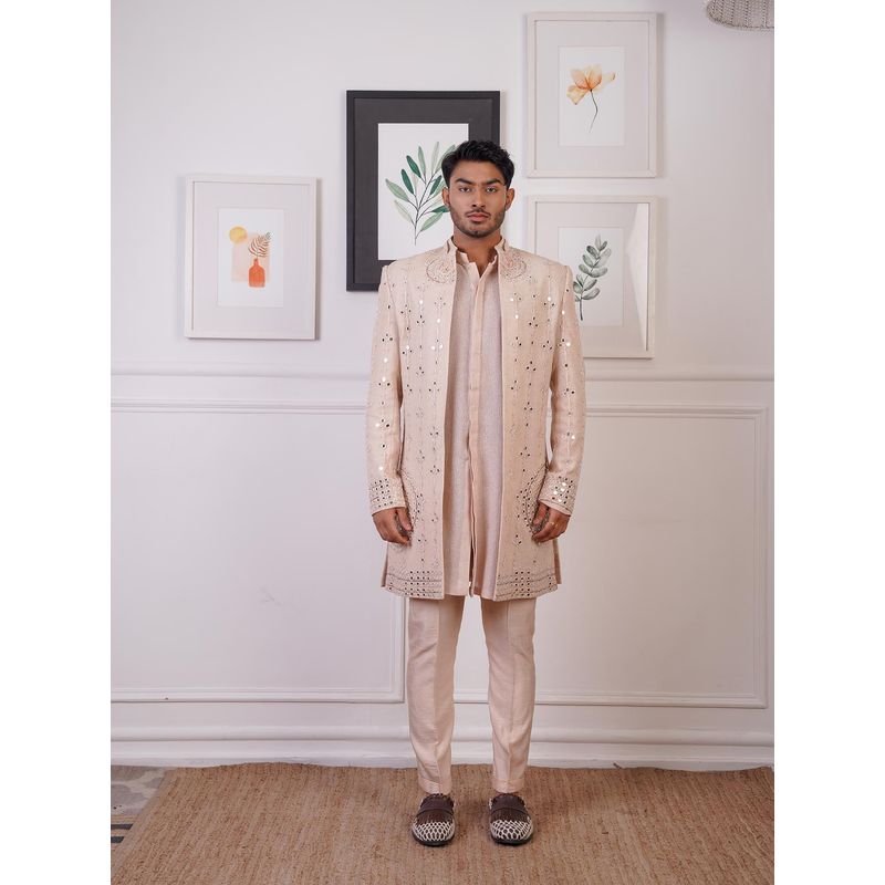 Ankur J Nude Rp Open Mirror Indowestern Jacket with Kurta and Pant (Set of 3) (XS)