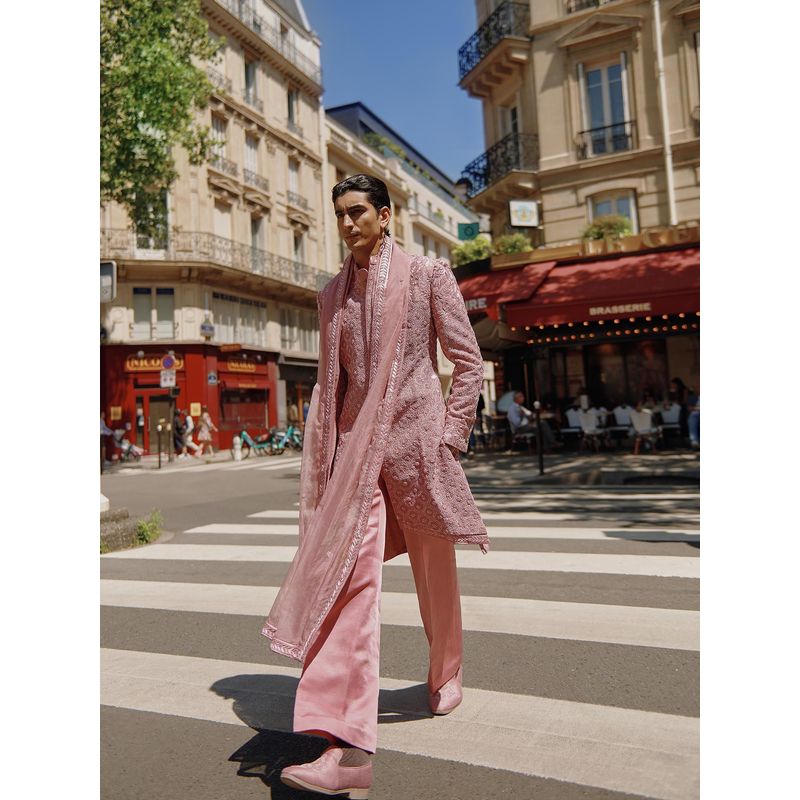 Jigar and Nikita Men's Pink Embellished Sherwani with Trouser Dupatta (Set of 3) (XS)