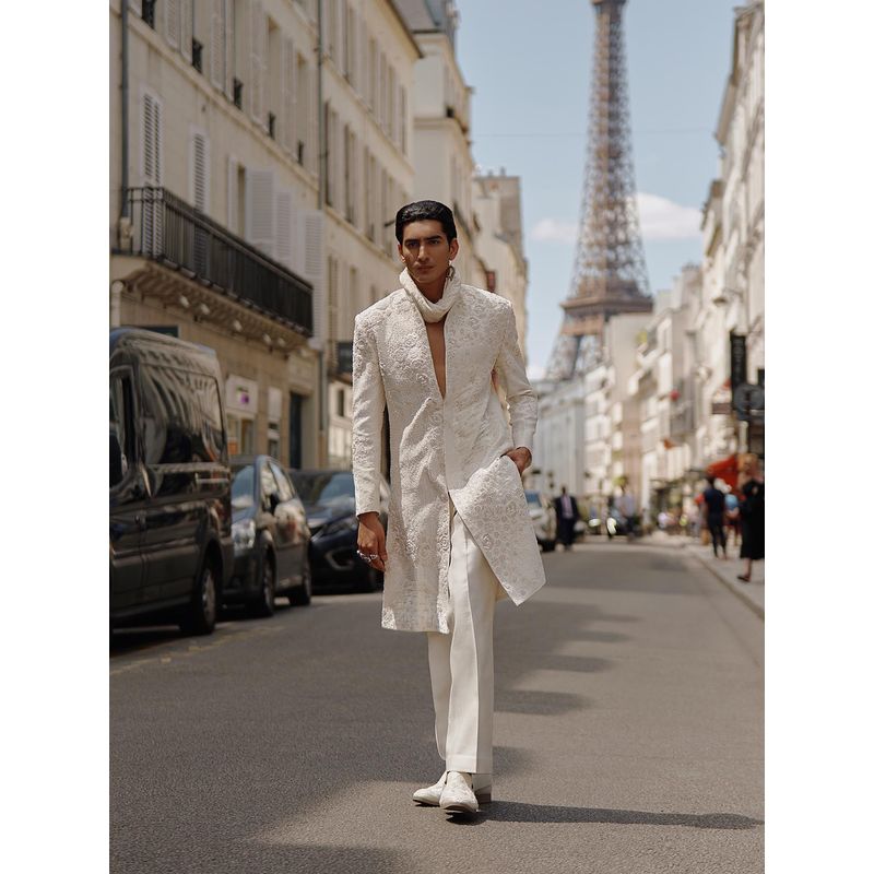 Jigar and Nikita Men's White Monotone Embellished Sherwani with Trouser Dupatta (Set of 3) (XS)