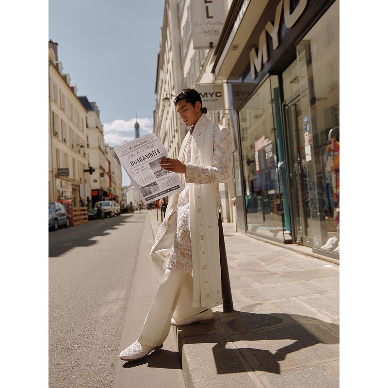 Jigar and Nikita Men's White Embroidered Sherwani with Trouser Dupatta (Set of 3) (XS)