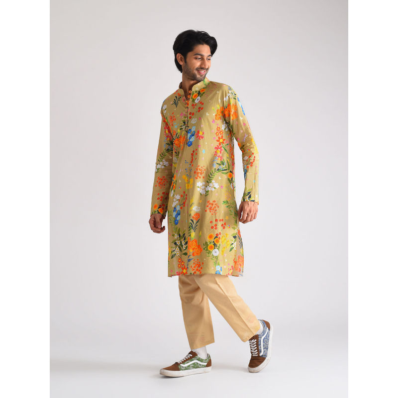 Blushing Couture by Shafali Beige Printed Men Kurta (Set of 2) (XS)