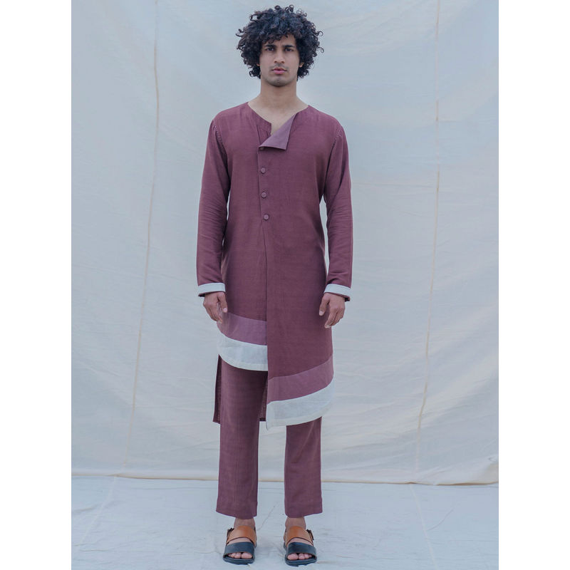 Bohame Cotton X Linen Dark Mauve Kurta With Pajama (Set of 2) (XS)