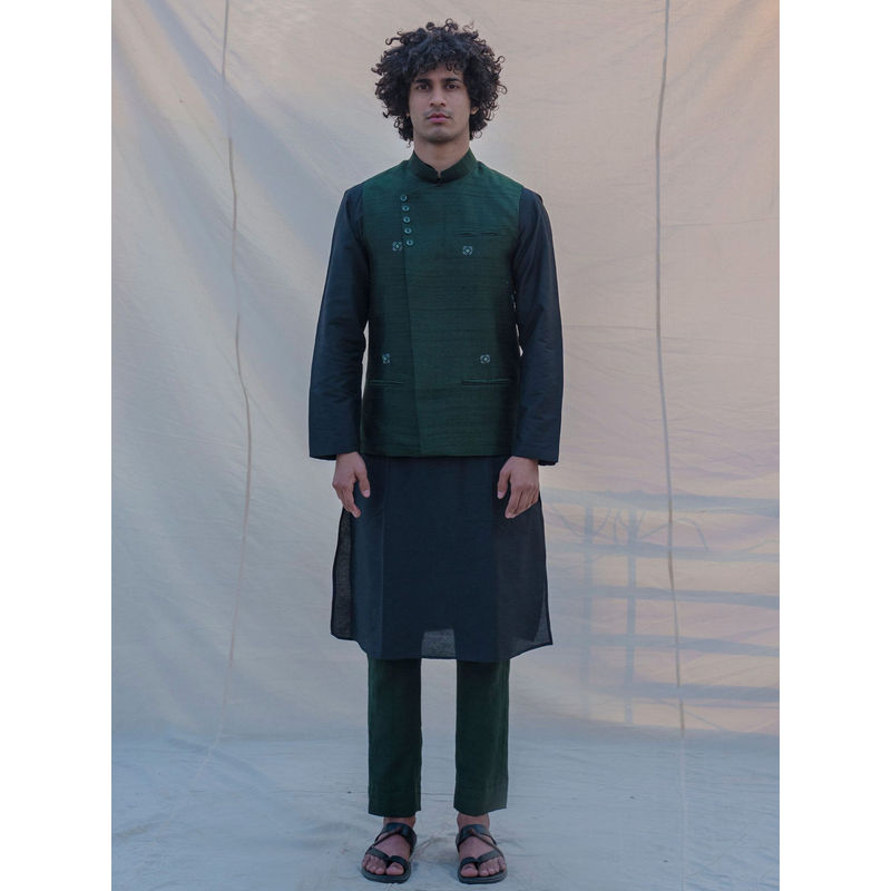 Bohame Raw Silk Green Waist Coat And Kurta With Pant (Set of 3) (XS)
