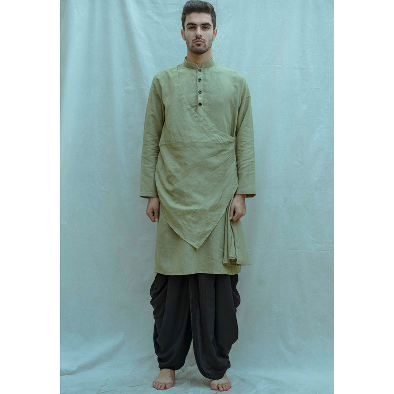 Bohame Cotton X Linen Pleated Angrakha Kurta And Pajama In Nature (Green of 2) (Set (XS)