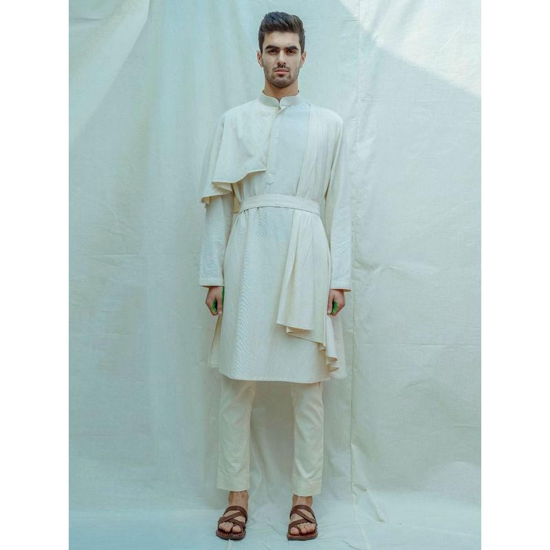 Bohame Cotton X Linen Cape Style Kurta With Pajama In Off White (Set of 2) (XS)