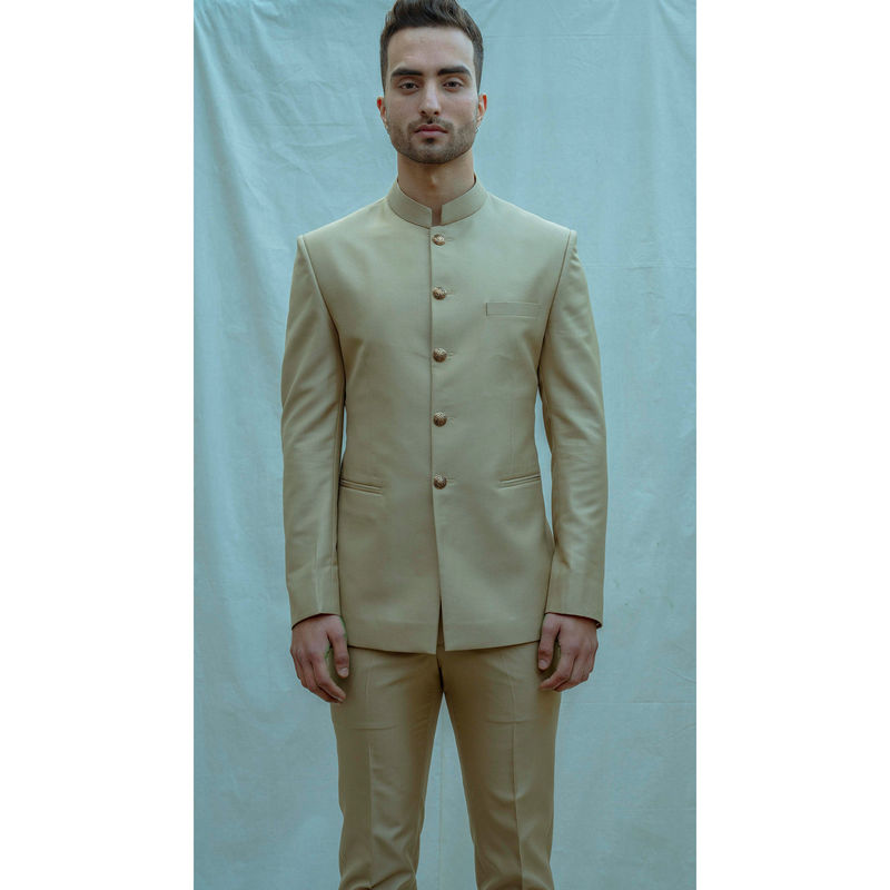 Bohame Textured Beize Classic Bandgala Kurta And Pajama (Set of 2) (XS)