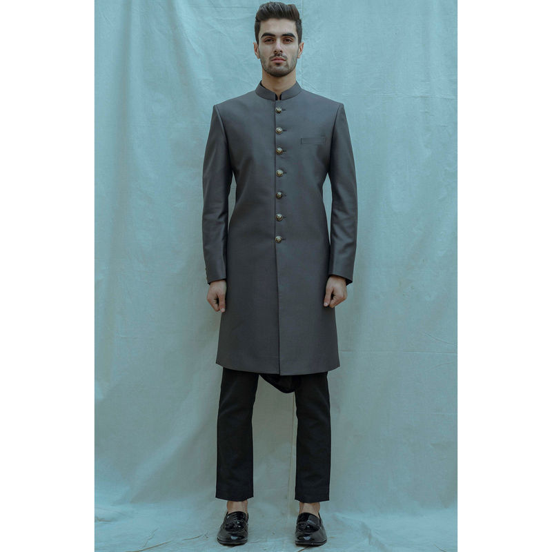 Bohame Textured Grey Achkan Kurta And Pajama (Set of 2) (XS)