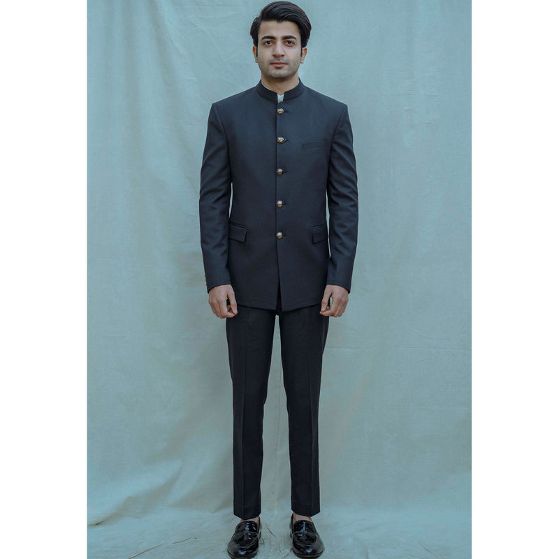 Bohame Blue Classic Bandgala Kurta And Pajama (Set of 2) (XS)