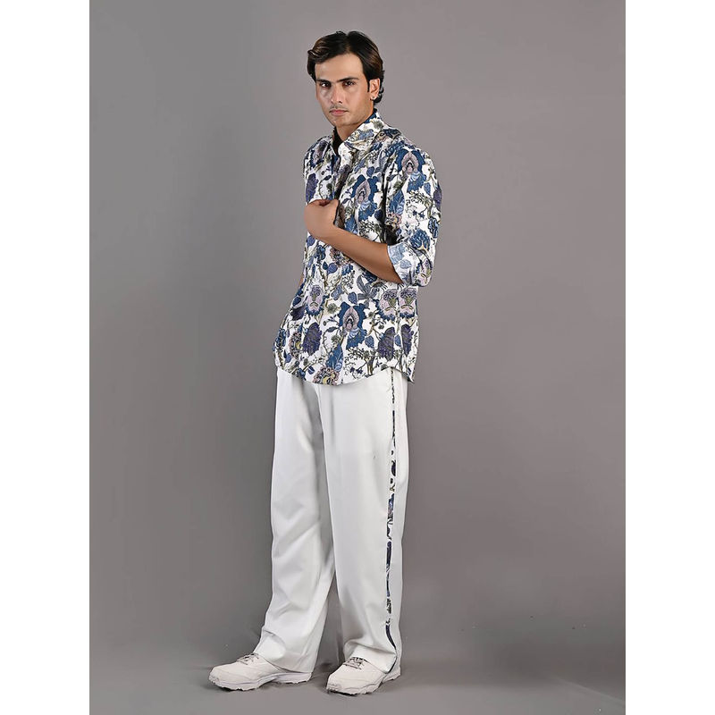 Bohame Avel Digital Print White & Blue Shirt and Pants (Set of 2) (XS)