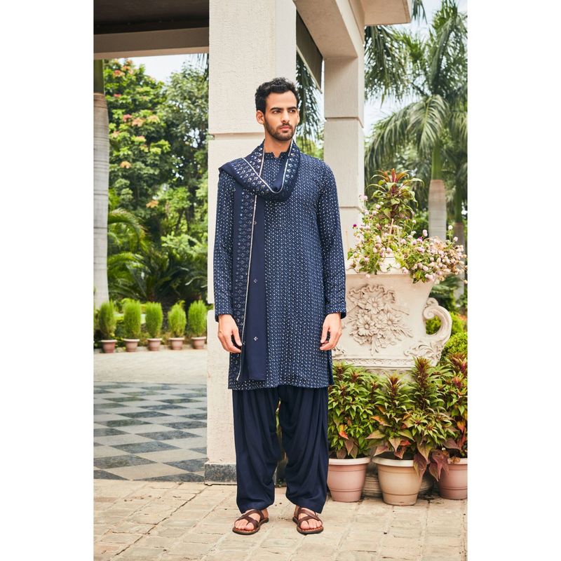 Bohame Neer Navy Blue Chikankari Kurta and Salwar with Dupatta (Set of 3) (XS)