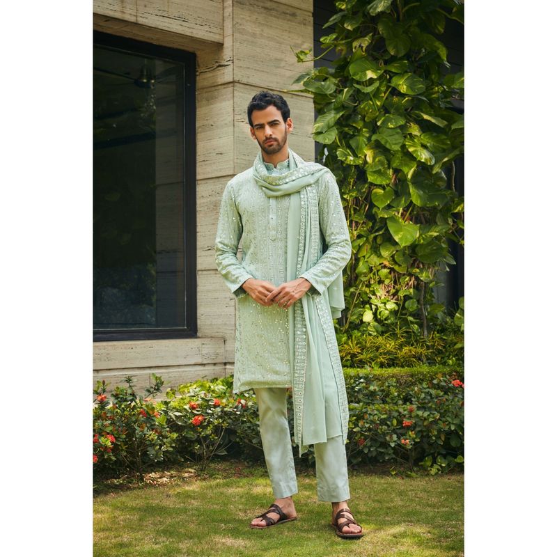 Bohame Devagya Pastel Green Chikankari Kurta and Pant with Dupatta (Set of 3) (XS)