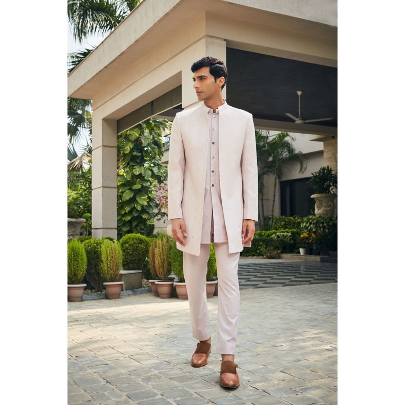 Bohame Nirbhay Dusty Rose Chikankari Open Jacket and Kurta with Pant (Set of 3) (XS)