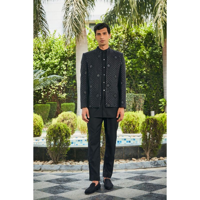 Bohame Adhrit Black Chikankari Open Jacket and Kurta with Pant (Set of 3) (XS)