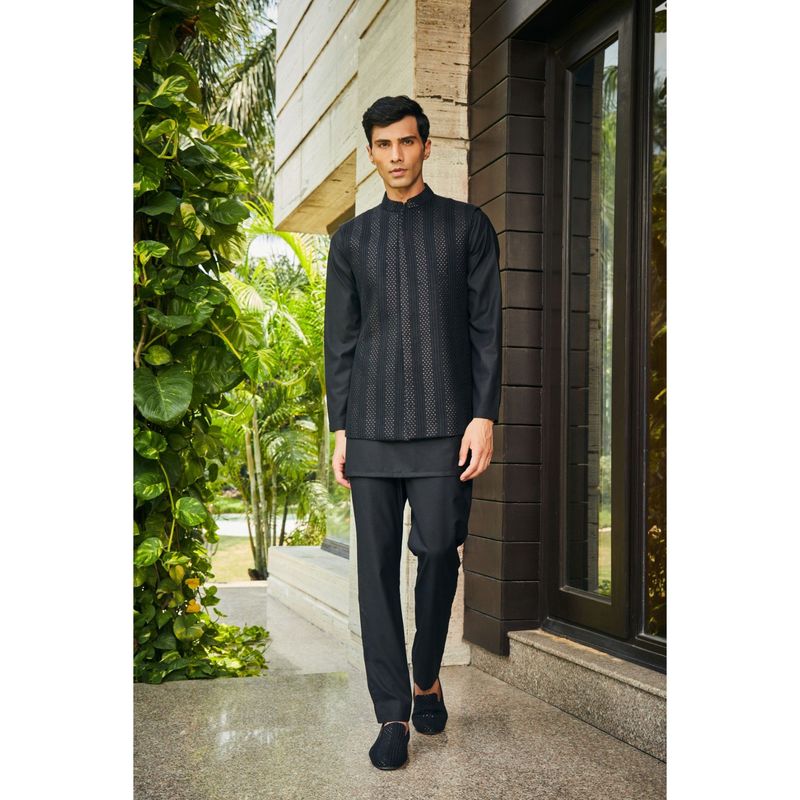Bohame Ahar Black Chikankari Nehru Jacket and Kurta with Pant (Set of 3) (XS)