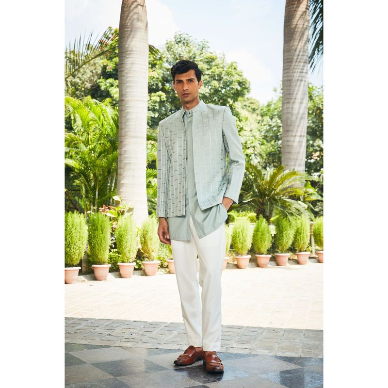 Bohame Satyen Mint Green Chikankari Open Jacket and Kurta with Pant (Set of 3) (XS)