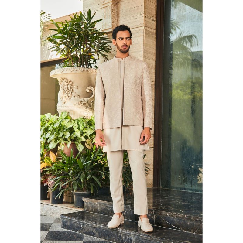 Bohame Arit Ivory Chikankari Open Jacket and Kurta with Pant (Set of 3) (XS)