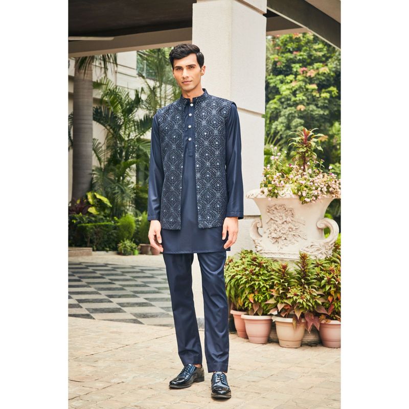 Bohame Ahi Navy Blue Chikankari Open Nehru Jacket and Kurta with Pant (Set of 3) (XS)