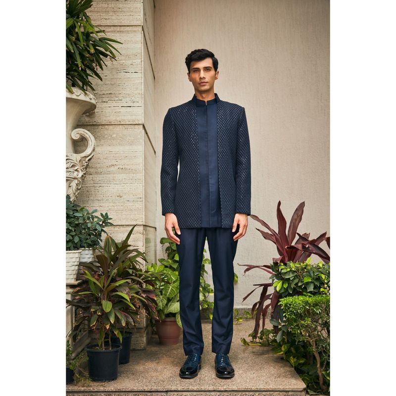 Bohame Krit Navy Blue Indo-Western Chikankari Jacket and Pant (Set of 2) (XS)