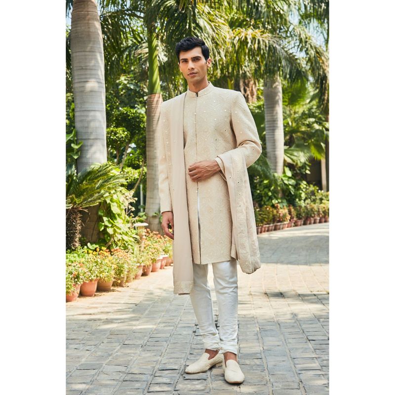 Bohame Hirav Beige Chikankari Sherwani Kurta and Churidaar with Dupatta (Set of 4) (XS)