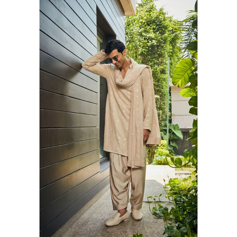 Bohame Udvah Beige Chikankari Kurta and Salwar with Dupatta (Set of 3) (XS)