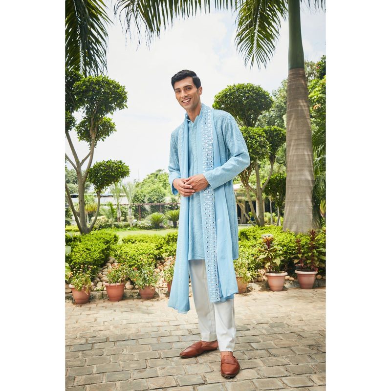 Bohame Udvah Light Blue Chikankari Kurta and Pant with Dupatta (Set of 3) (XS)