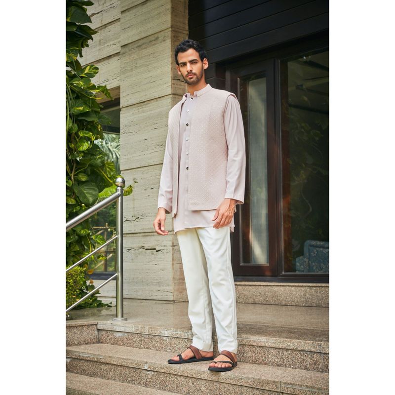 Bohame Vatsa Dusty Rose Chikankari Open Nehru Jacket and Kurta with Pant (Set of 3) (XS)