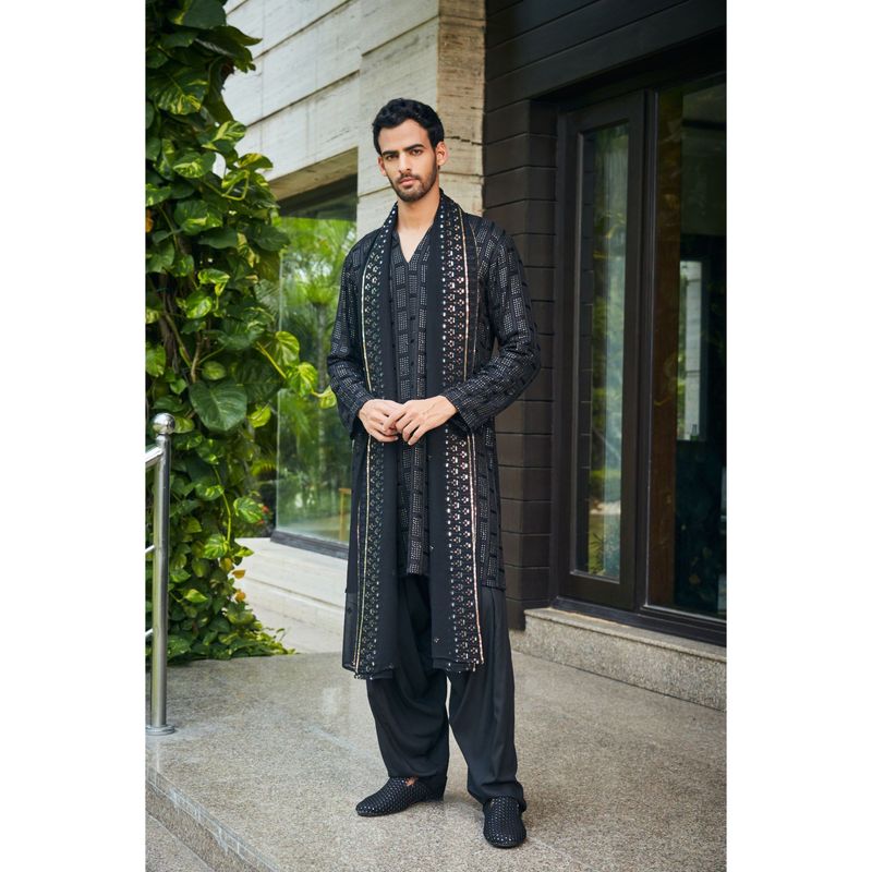 Bohame Vyom Black Chikankari Kurta and Salwar with Dupatta (Set of 3) (XS)