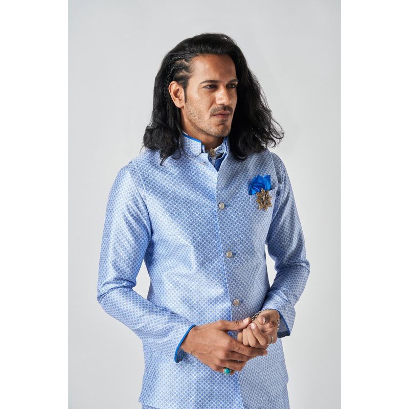 Bubber Blu Blumen White Cardina Bandhi Blue Nehru Jacket (S)
