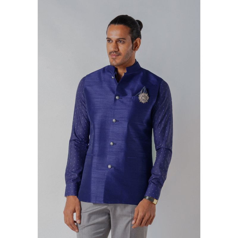 Bubber Blu Brandon Prussian Bandhi Navy Blue Nehru Jacket (S)