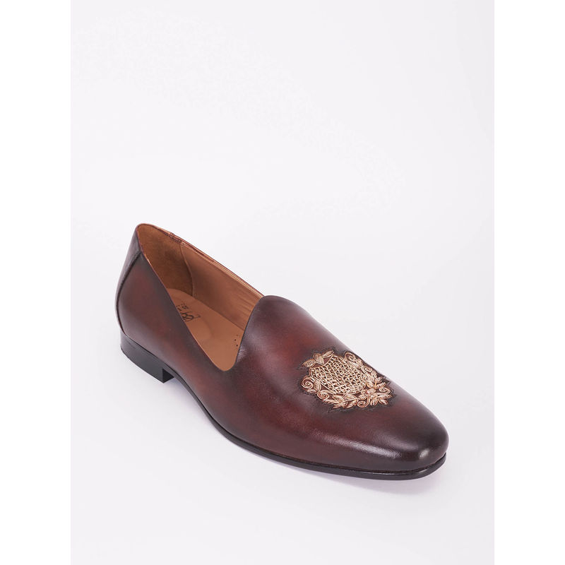 Bubber Couture Dark Brown and Gold Insignia Embroidered Italian Leather Mojdi (UK 6.5)