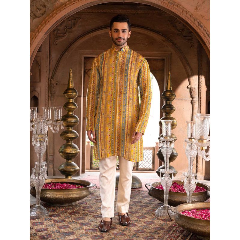 Chhavvi Aggarwal Men Yellow Printed Kurta (Set of 2) (XS)