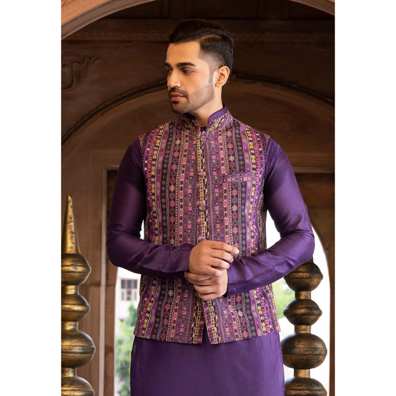 Chhavvi Aggarwal Men Purple Printed Bundi (XS)