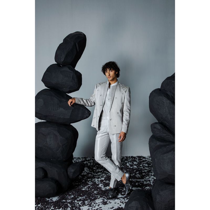 CONTRAST BY PARTH Grey Chrome Jacket with Shirt & Pant (Set of 3) (XS)