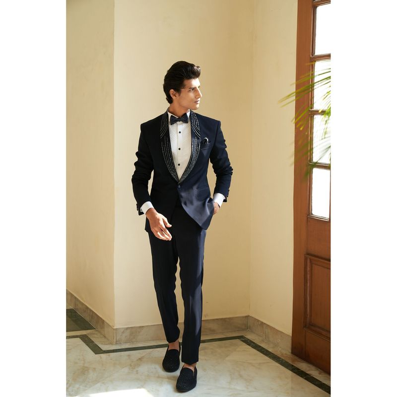 CONTRAST BY PARTH Navy Blue Cord Tuxedo (Set of 5) (XS)