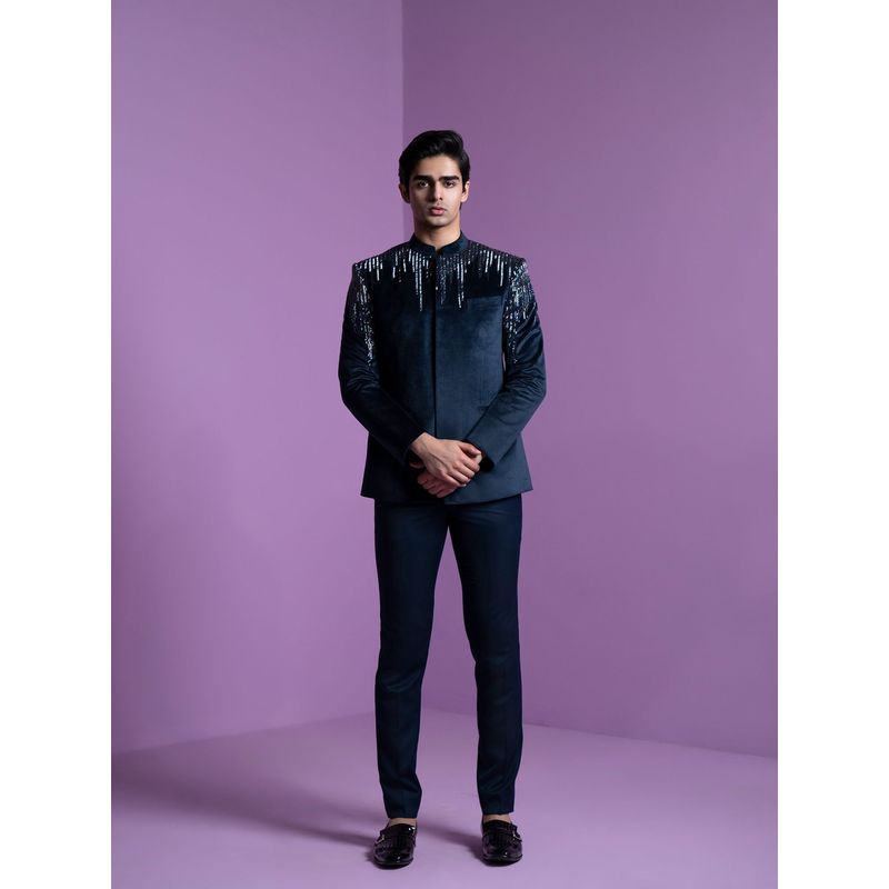 CONTRAST BY PARTH Navy Blue Astral Prism Bandhgala with Pant (Set of 2) (XS)