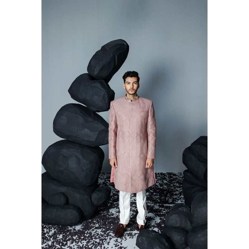 CONTRAST BY PARTH Peach Soft Stone Sherwani with Kurta & Pant (Set of 3) (XS)