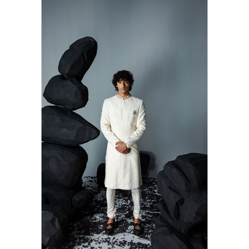 CONTRAST BY PARTH White Mirza Sherwani with Kurta & Churidar (Set of 3) (3XL)